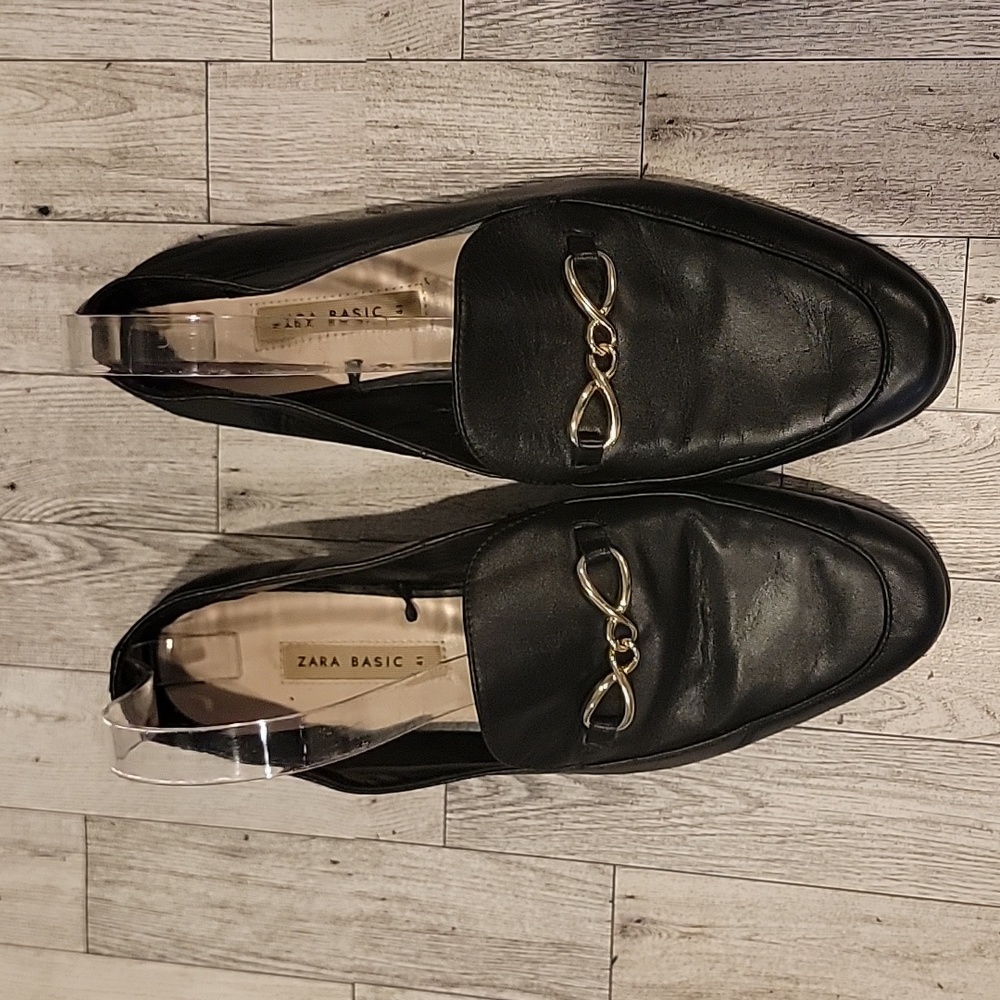 Zara Black Leather Loafers with Gold Hardware